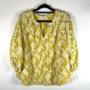 Chicos Shirt Top Womens 14 Yellow‎ Floral Textured Blouse Tassel Boho Boxy
